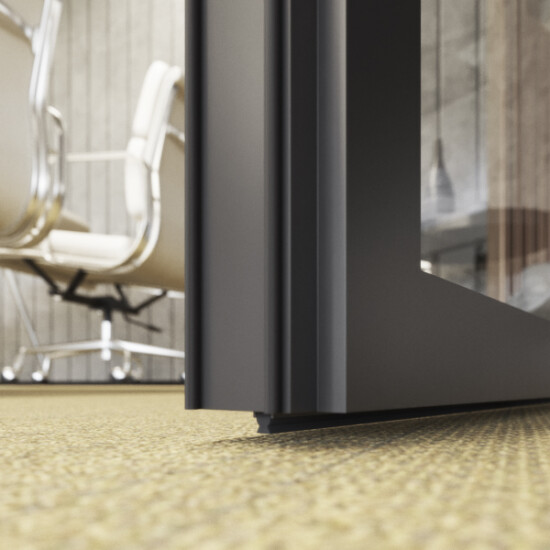 Twin seals to the stile profile and optional drop down seals maintain acoustic attenuation when the door is closed.